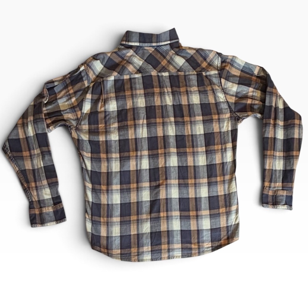 Wrangler Flex for Comfort Mens XL Plaid Button Down Shirt Brown Blue Long Sleeve - Picture 3 of 11
